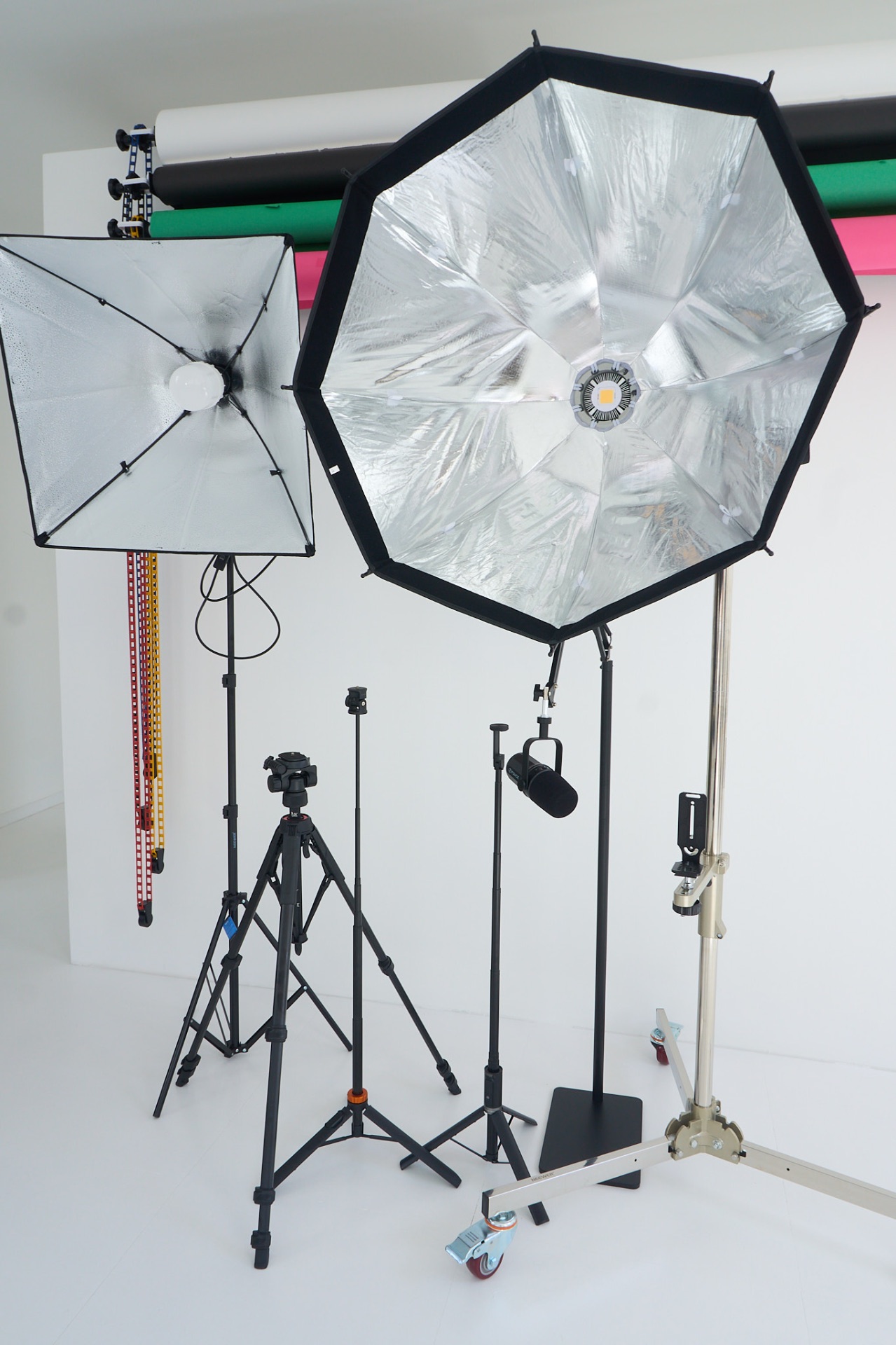 Professional lighting, tripods and podcast mic setup inside the Glasgow studio